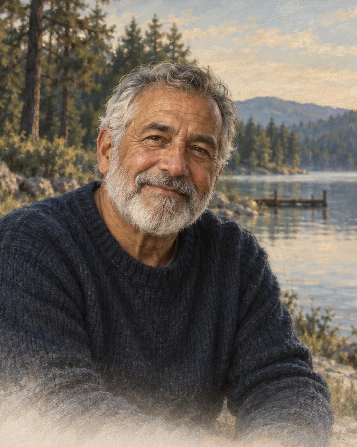 Illustrative painted portrait of an older man beside a quiet lake